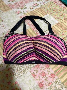 VSX Pink Black Multicolor Striped Sports Bra